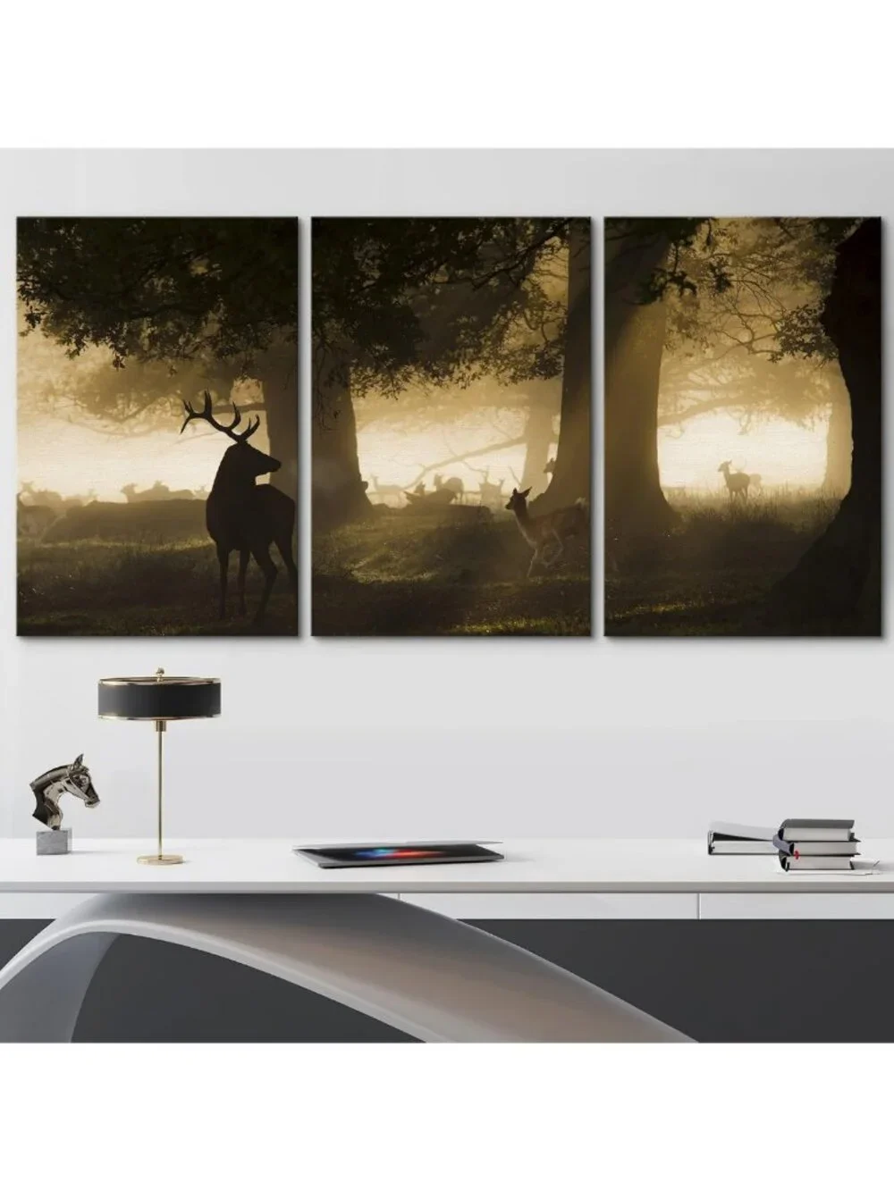 Deer Family Canvas Wall Art Set - Sunlit Forest Landscape Photography, 3 Panels